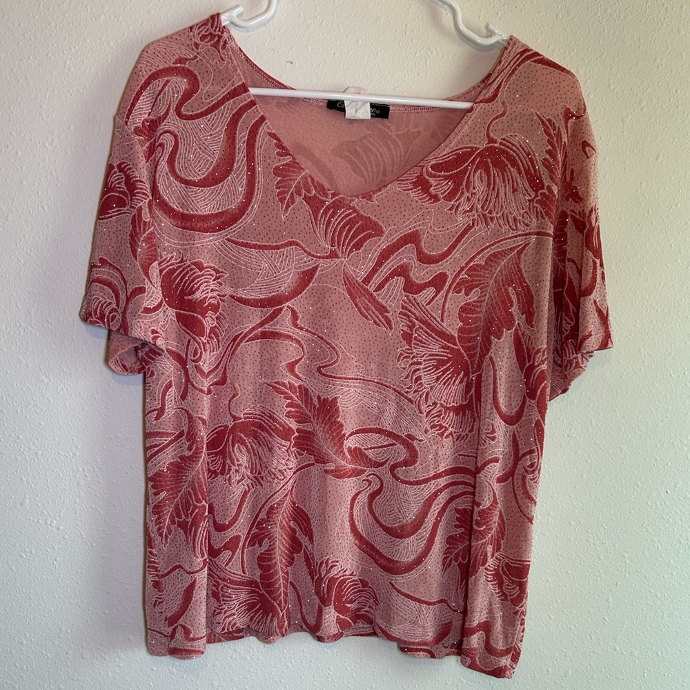Y2K Pink Sparkle Top Sz XL Floral Shimmer Fairy McBling Bratzcore Barbiecore VTG